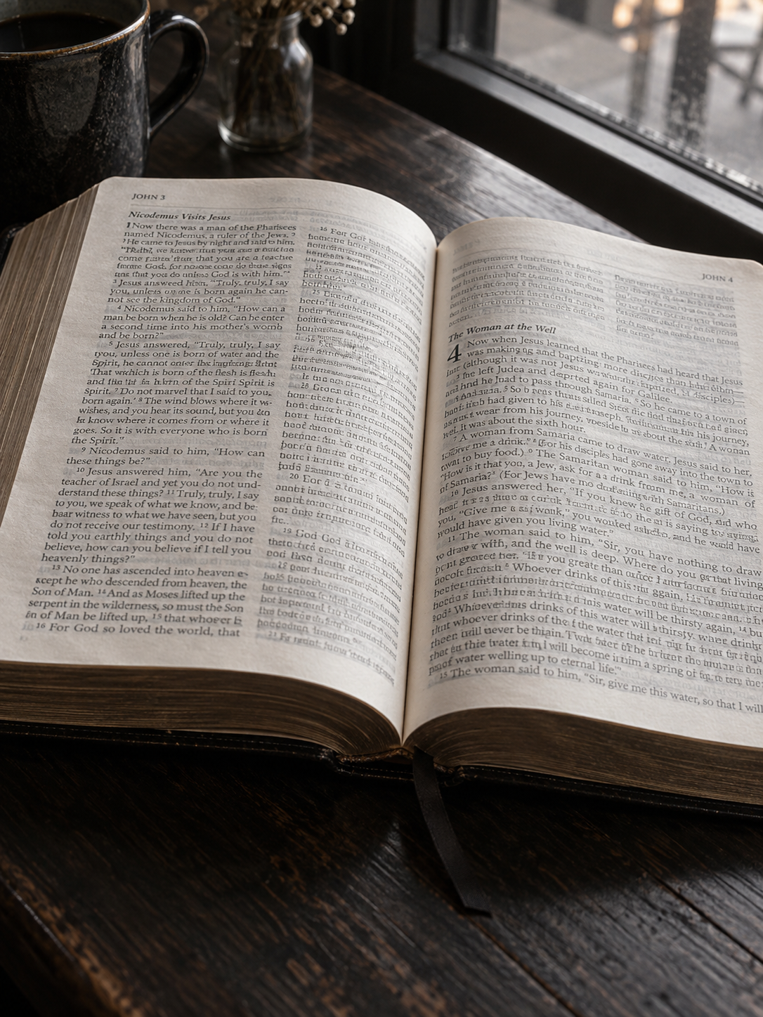 An open Bible on a study table