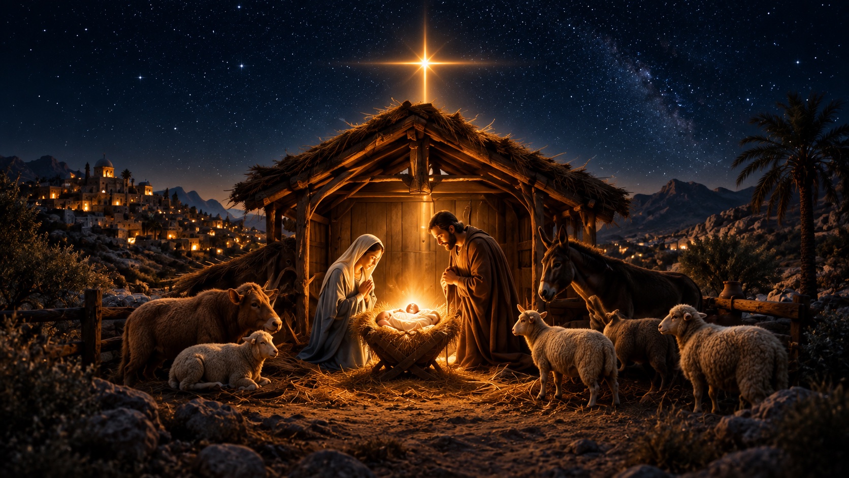 Illustrative nativity film artwork beneath a starry sky
