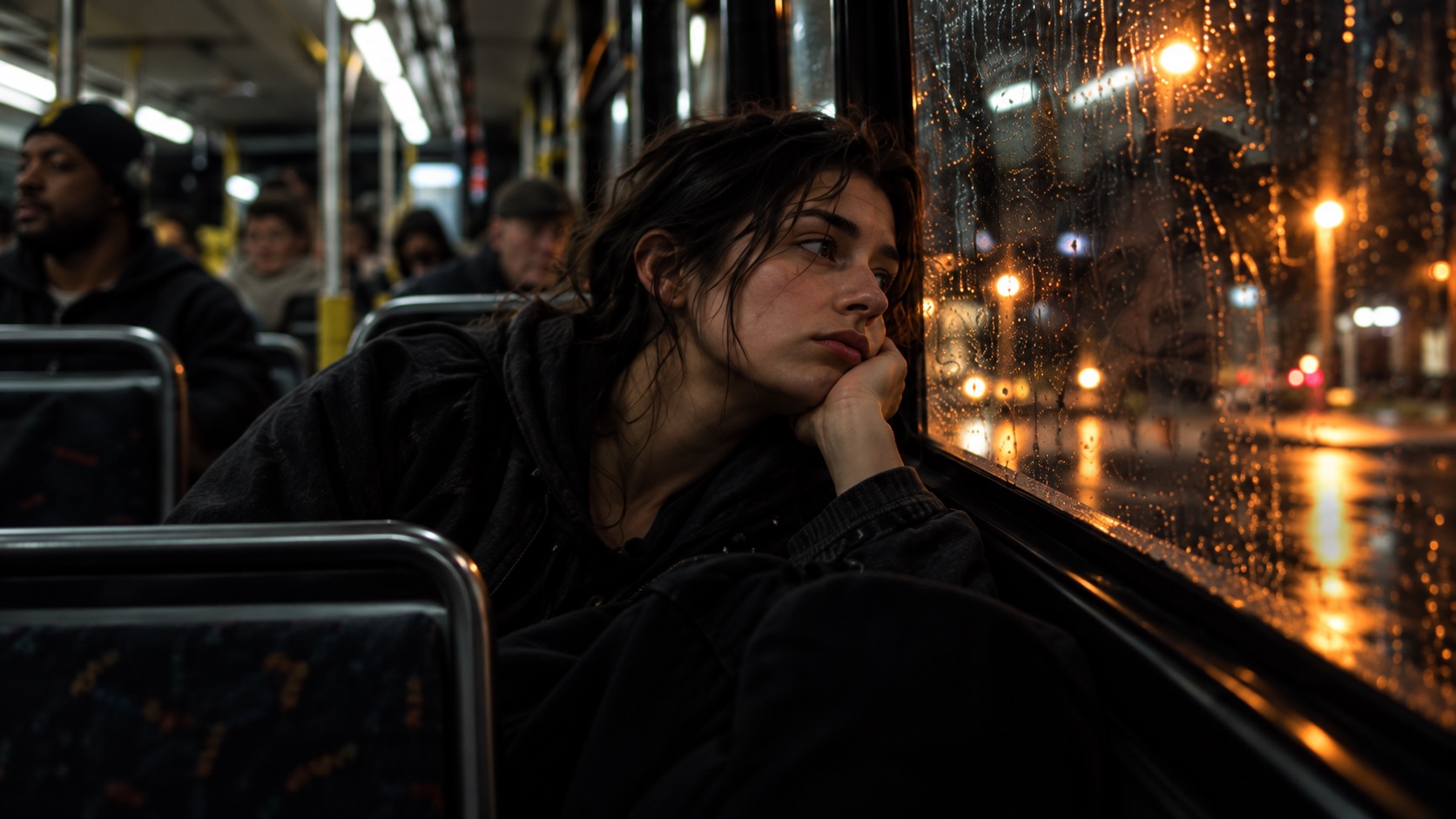 Illustrative film artwork of a woman beside a rain-covered bus window
