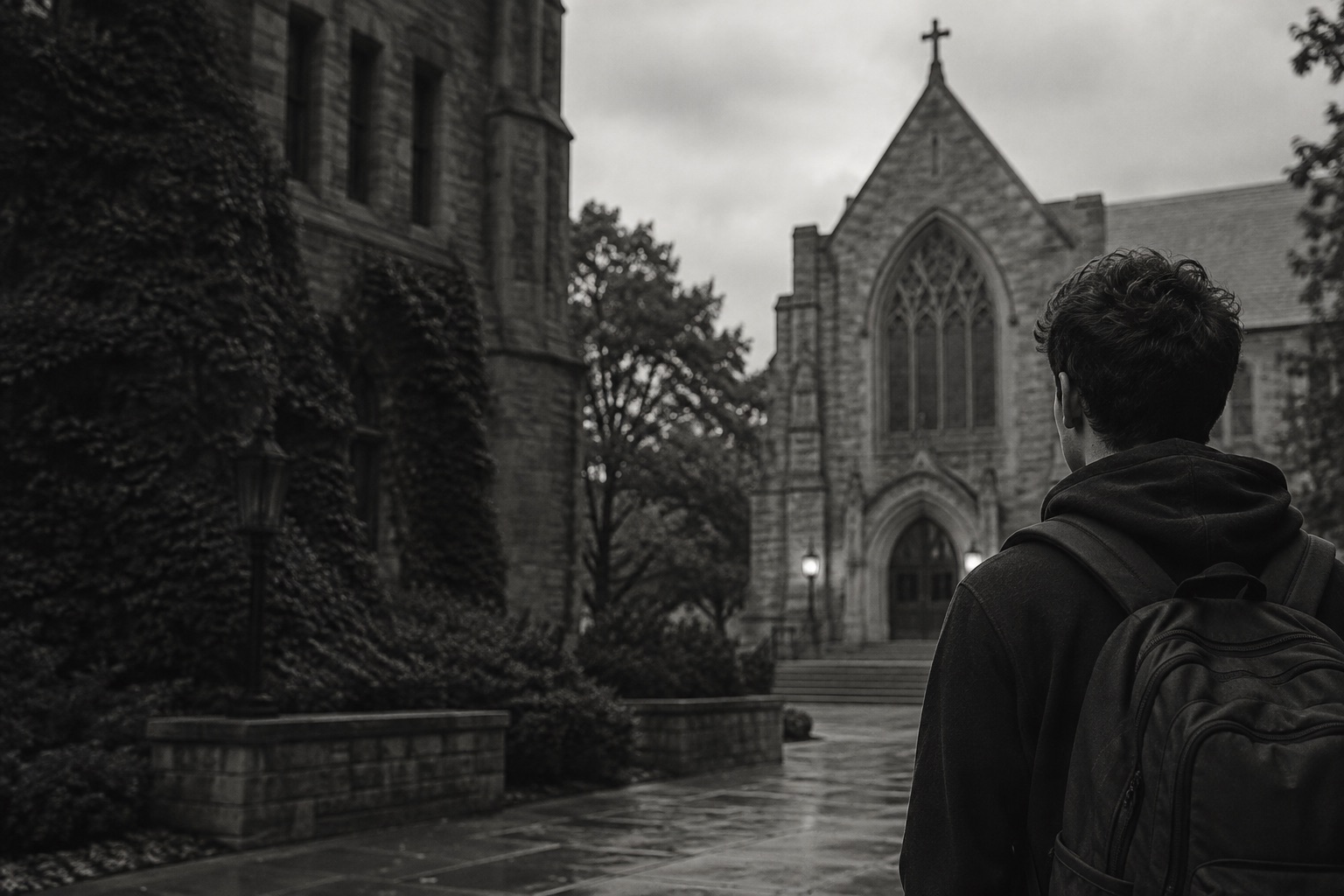 AI illustration of a young adult with a backpack outside a church