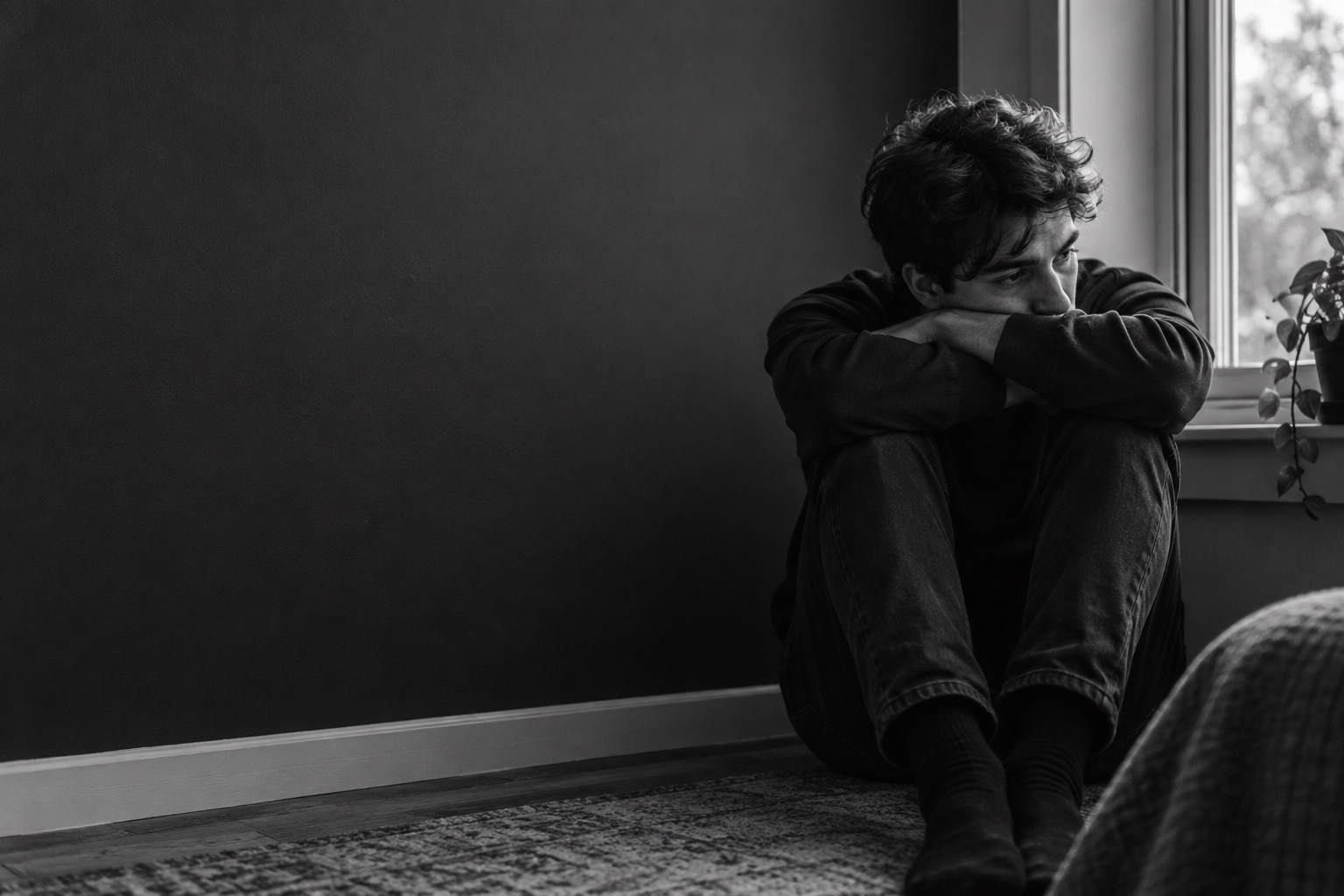 AI illustration of a young adult sitting quietly beside a window