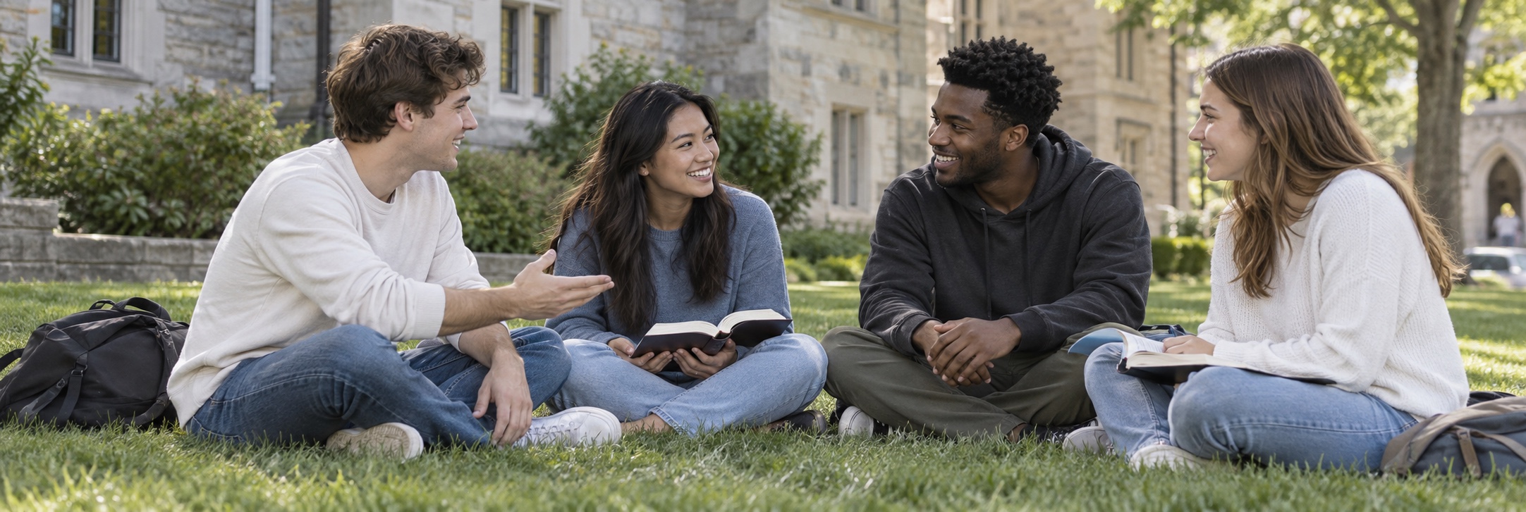 Illustration of students welcoming someone into a campus Bible study