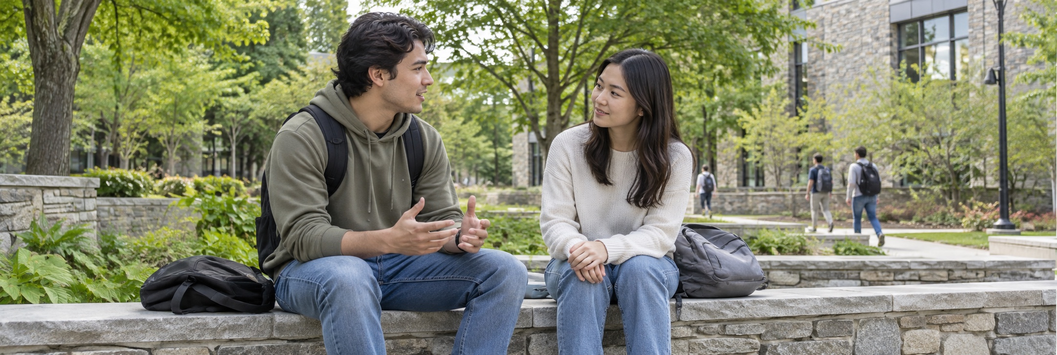 Illustration of students listening to one another on campus