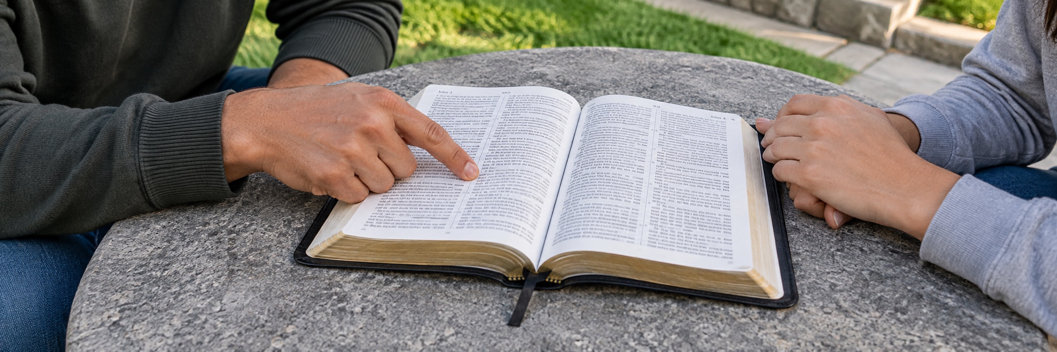 Illustration of an open Bible being shared in conversation