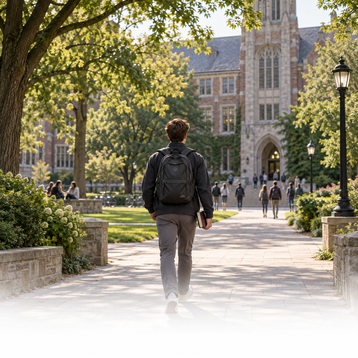 Illustration of a missionary walking onto campus
