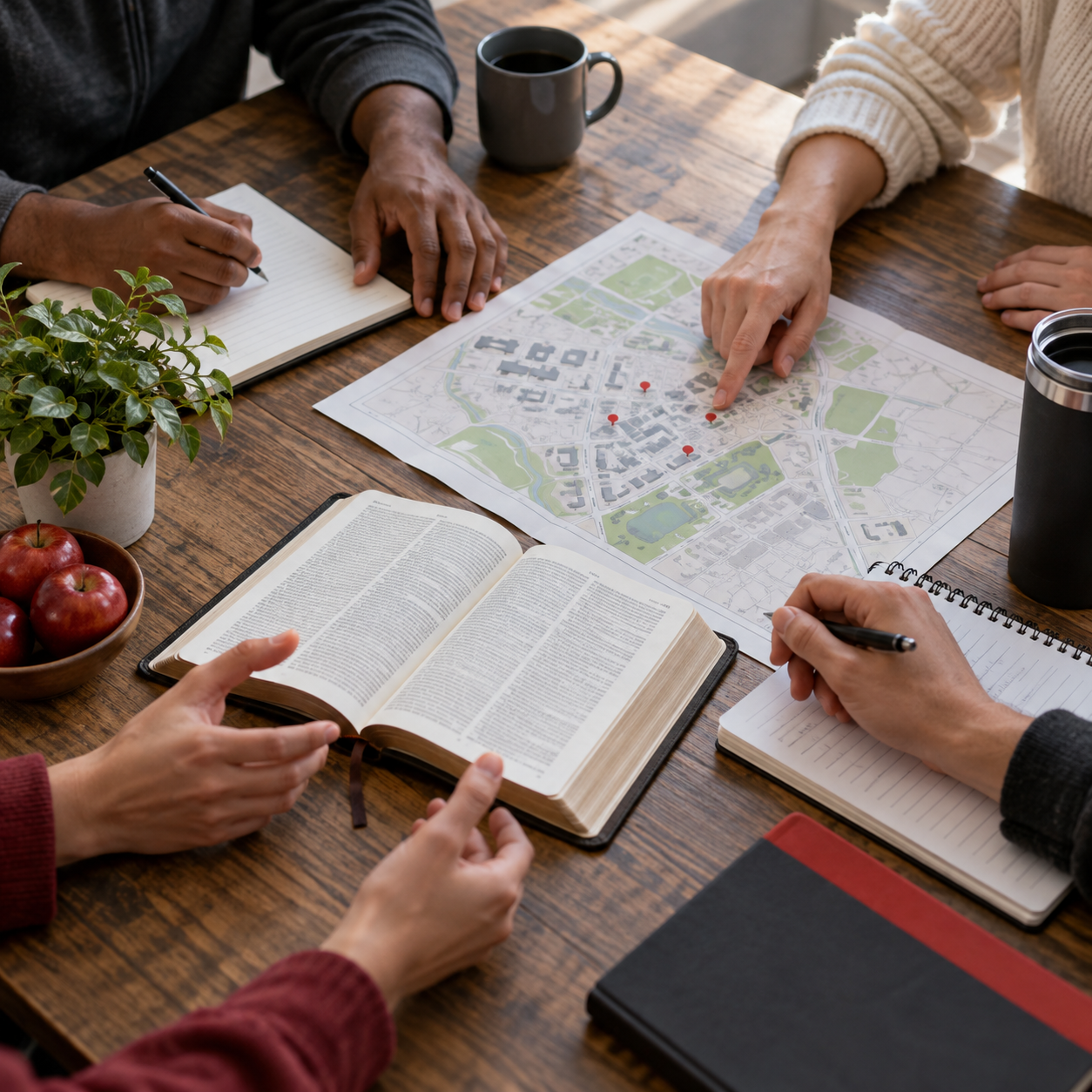 Illustration of partners planning outreach around a Bible and campus map