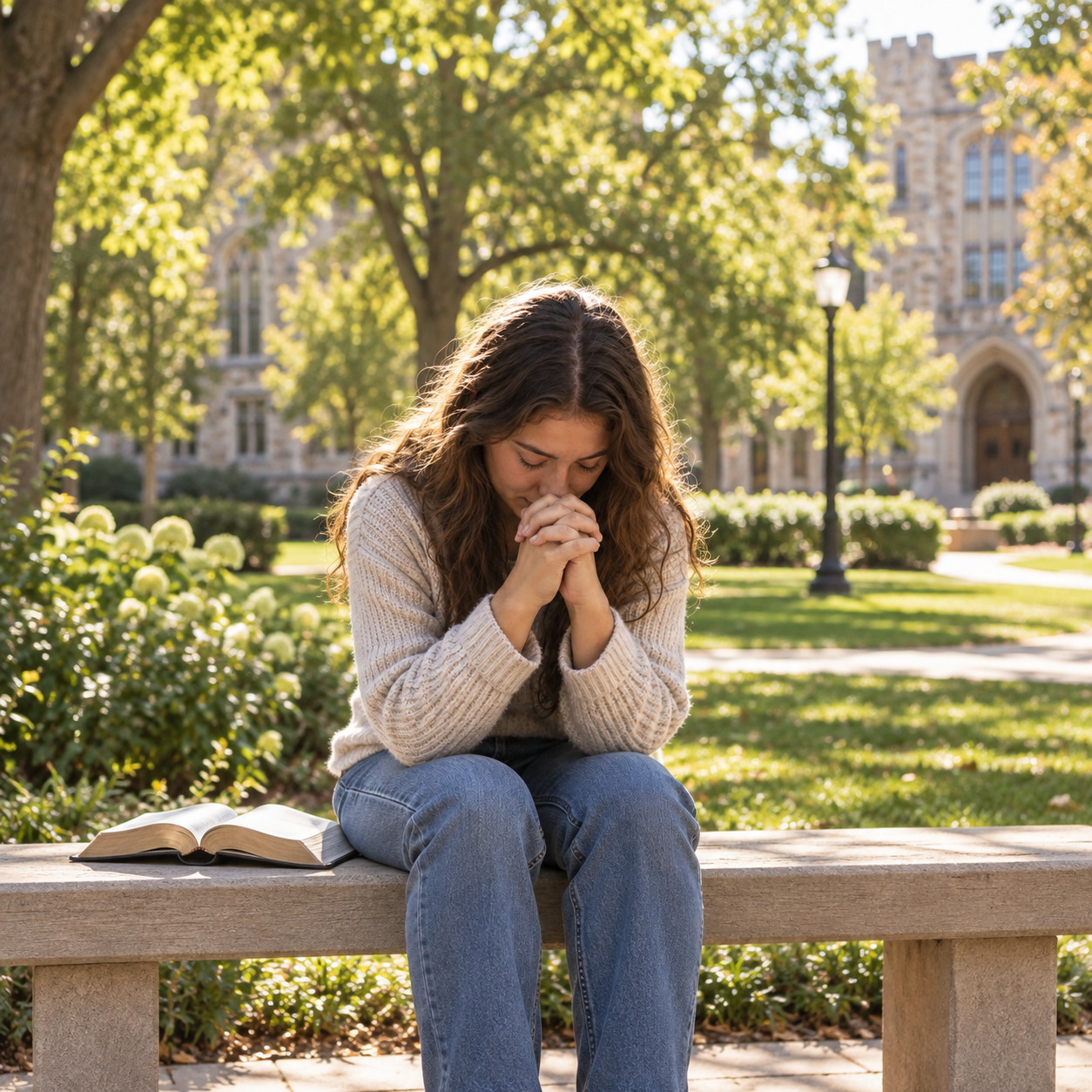 Illustration of a woman praying on a campus bench beside an open Bible