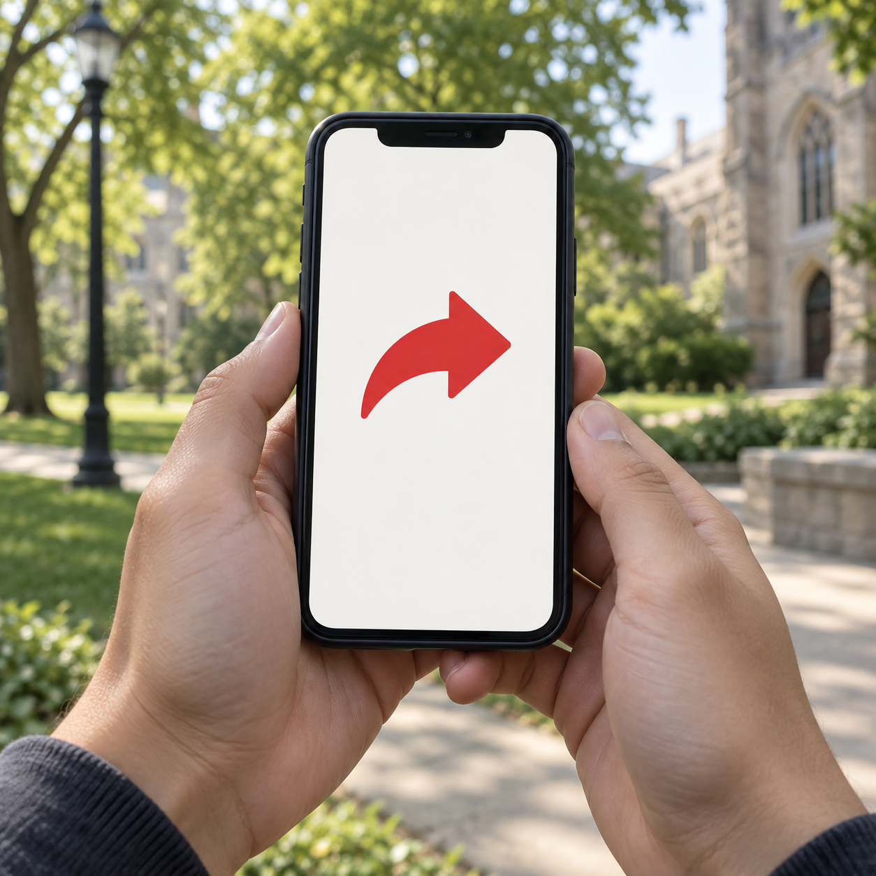 Illustration of hands holding a phone with a simple sharing arrow